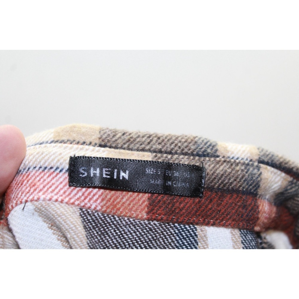 Shein Flannel Shirt Womens S Brown Pink New Cropped Button Up Plaid Long Sleeve